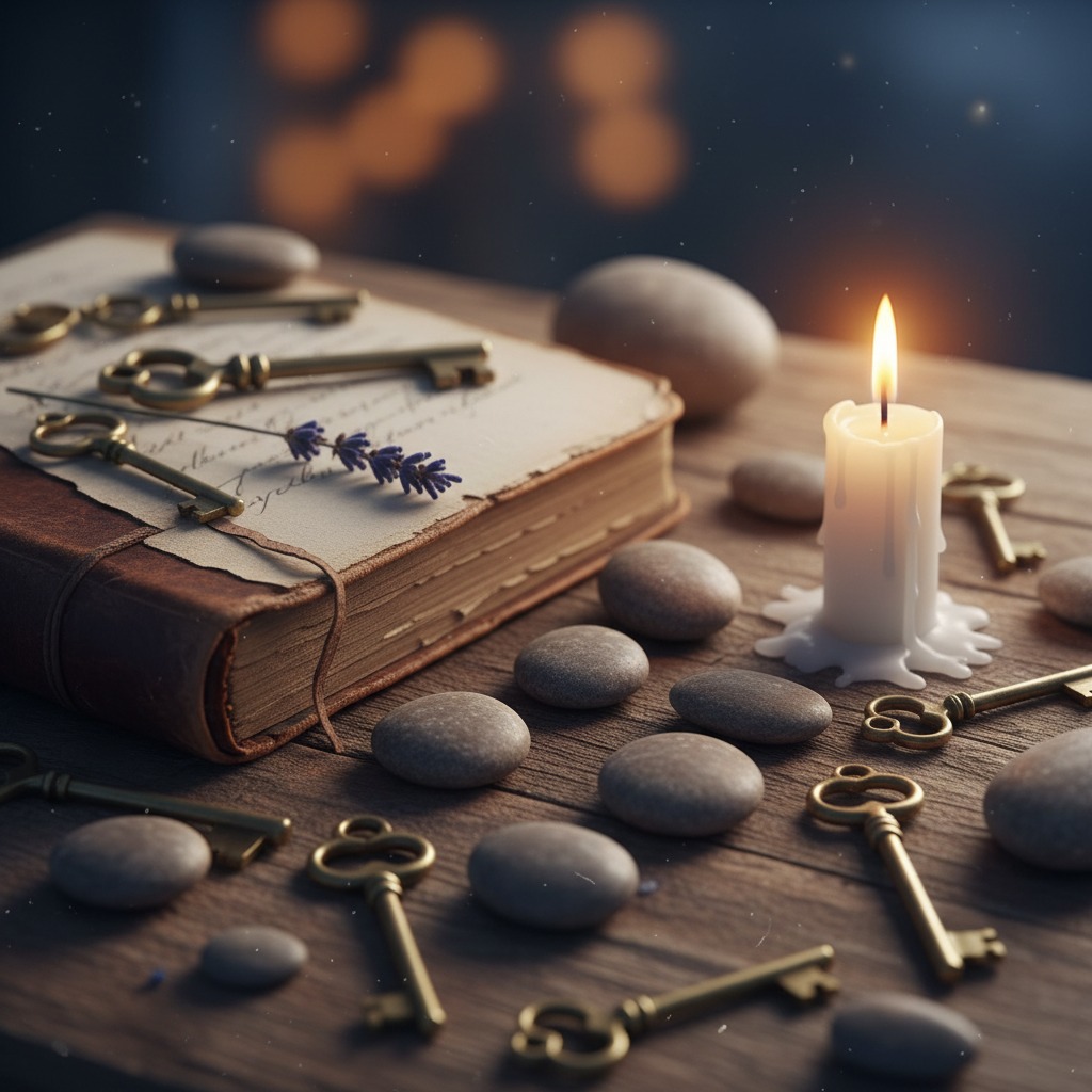 A lit candle, several antique keys, and smooth stones are arranged on a wooden table next to an old leather-bound book with a sprig of lavender.