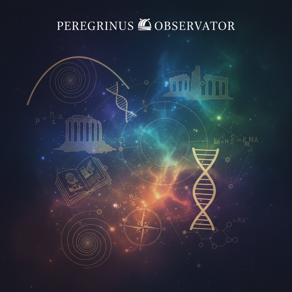 The Peregrinus Observator logo features gold line drawings of classical architecture, DNA strands, and scientific diagrams layered over a colourful nebula background.